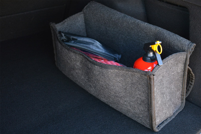 Car fire extinguisher in an organizer