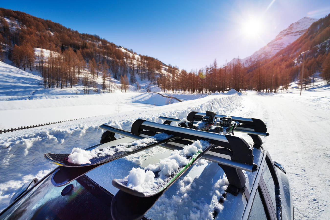 Ski rack with skis on the roof of the car